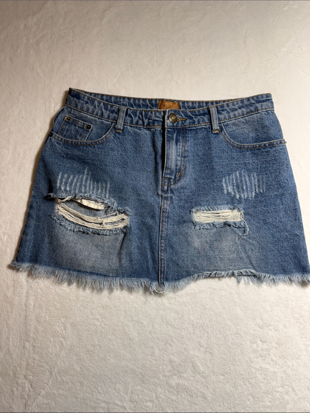 POL Distressed Blue Denim Mini Skirt with Frayed Hem